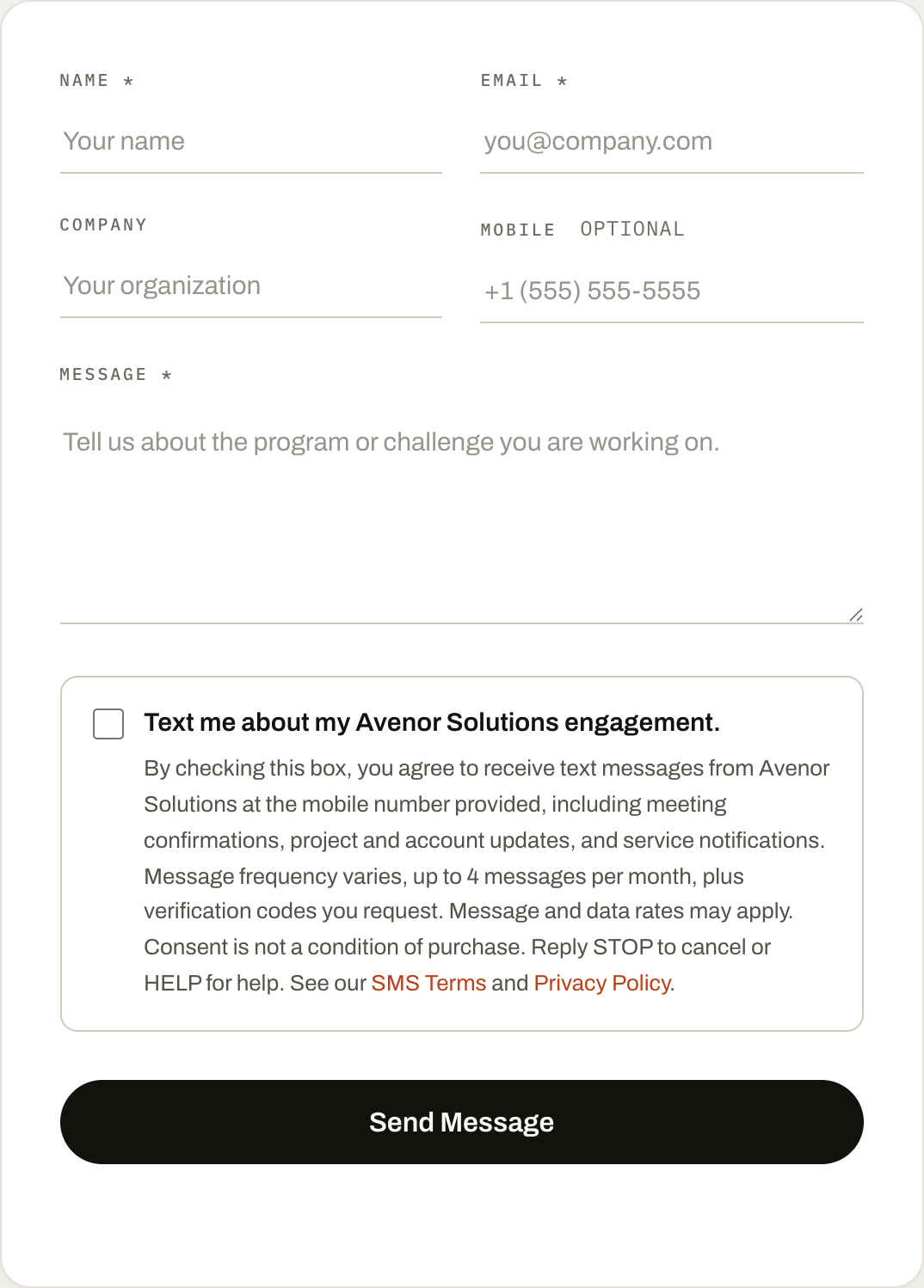 The Avenor Solutions contact form as published, showing name, email, company, an optional mobile number field, a message box, and the SMS consent checkbox — unchecked — with its full consent language: message frequency up to 4 messages per month plus verification codes you request, message and data rates may apply, consent is not a condition of purchase, and reply STOP to cancel or HELP for help.
